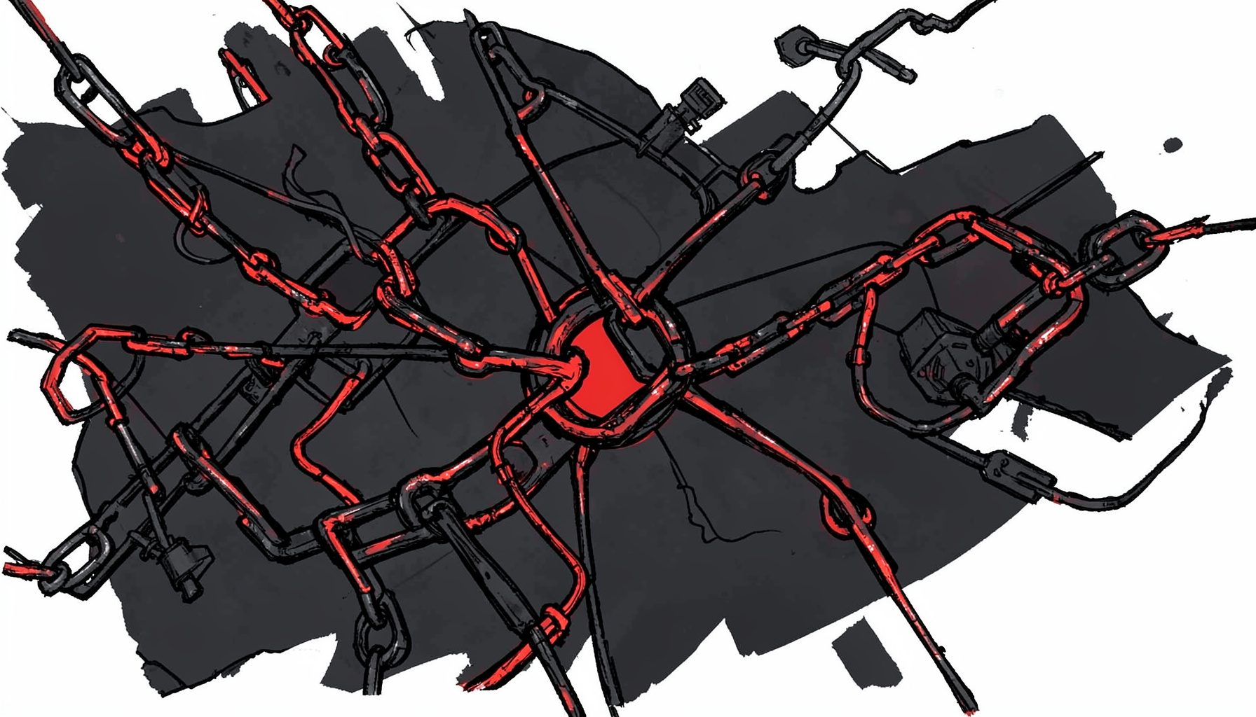 A dark atmospheric ink illustration of interconnected digital nodes and chain links glowing in red against a deep charcoal background, evoking blockchain networks and industrial innovation