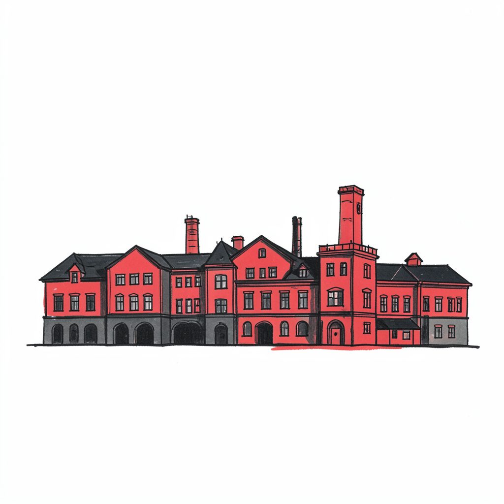 A hand-drawn ink illustration in deep charcoal and muted red tones showing a stylized university campus silhouette with geometric industrial motifs, conveying academic and engineering heritage