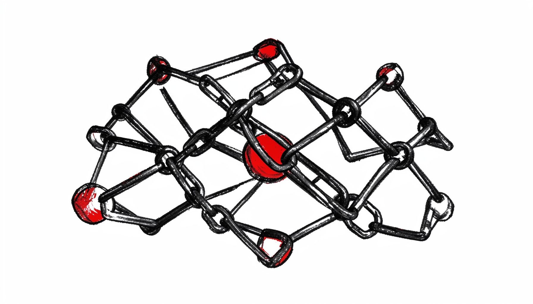 A hand-drawn ink illustration of interconnected nodes and chain links forming a decentralized network, rendered in dark charcoal tones with subtle red highlights against a deep black background