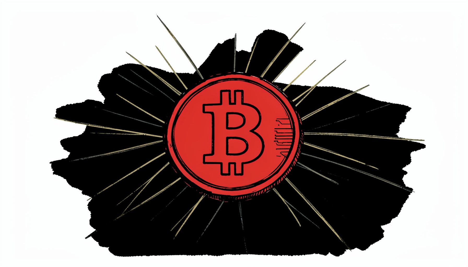 A hand-drawn ink illustration of a single Bitcoin coin resting on a dark surface, with subtle digital network lines radiating outward in muted gold and charcoal tones against a deep black background.