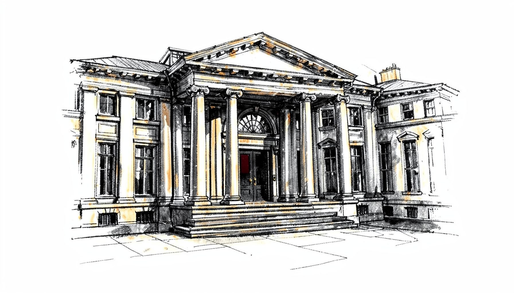Hand-drawn ink illustration of a stately university entrance with columns and a courtyard, rendered in dark charcoal with subtle ochre highlights.