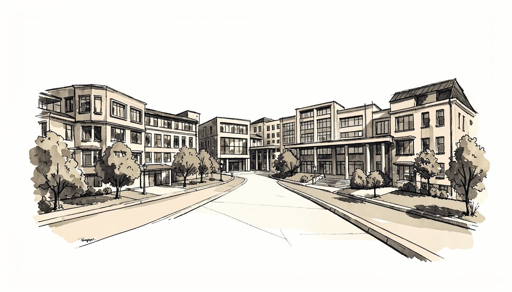 Hand-drawn ink illustration of a modern university campus with wide walkways and clustered buildings, rendered in deep charcoal and muted sepia tones against a warm cream background.