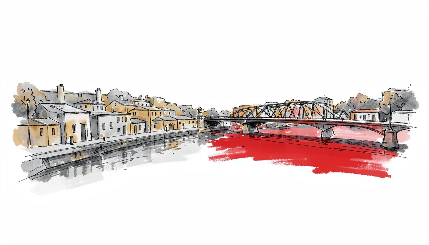 Hand-drawn ink illustration of a riverside cityscape with bridges and low-rise buildings, rendered in soft charcoal grays with warm amber accents.