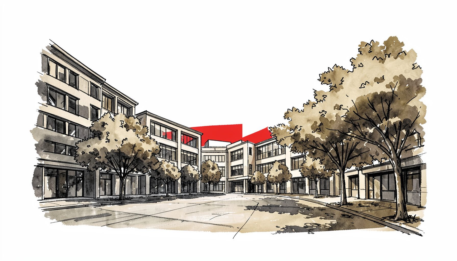 A hand-drawn ink illustration of a university campus courtyard with modern buildings, trees, and a clear sky, rendered in deep charcoal and warm sepia tones