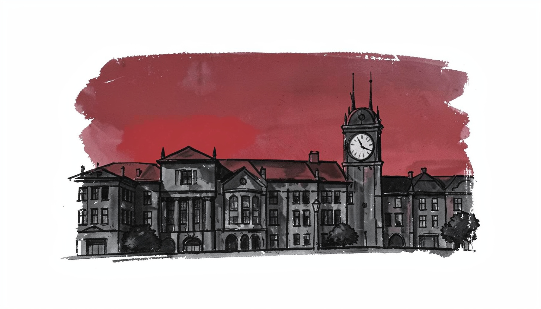 Hand-drawn ink illustration of a university campus silhouette with a clock tower against a dusky sky, rendered in deep charcoal and muted crimson tones.